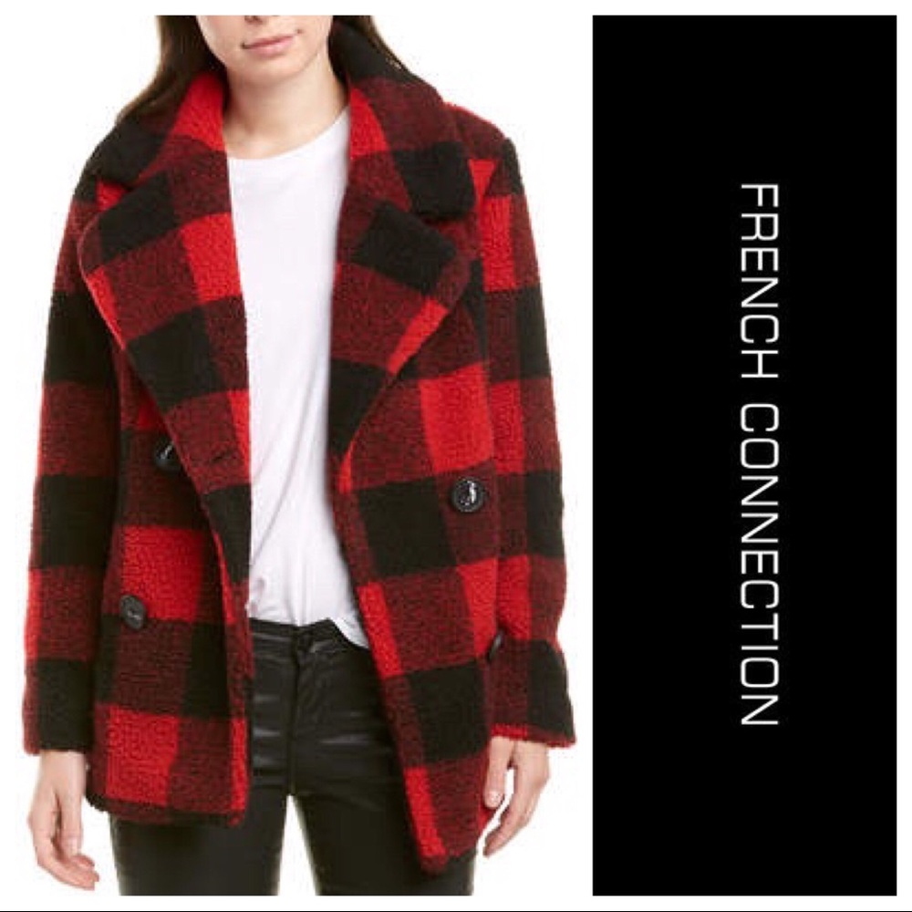 French Connection Plaid Faux Fur Teddy Coat